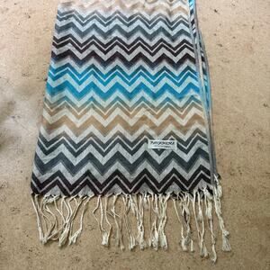 100% Pashmina Cashmere Chevron Blue Beige and Brown Scarf